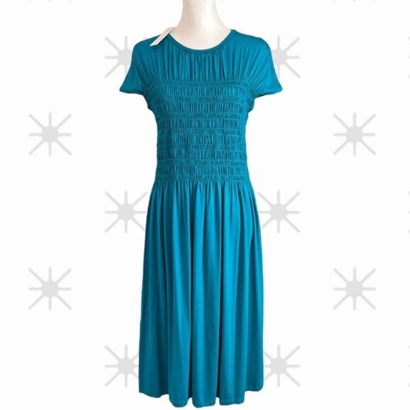 Trina Turk Entertain Women's Jersey Smocked Bodice Midi Dress Tile Blue Size Med - Picture 2 of 13